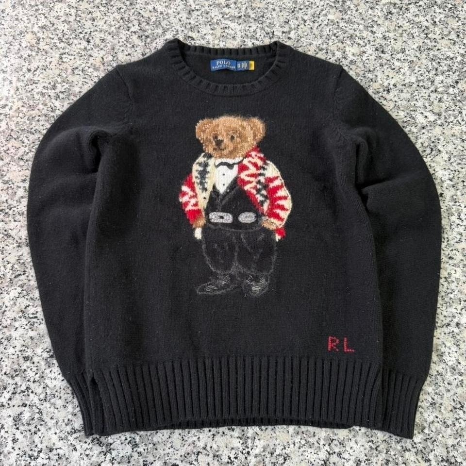 Polo Ralph Lauren Black Rare Tuxedo Polo Bear Knit Wool Cashmere Sweater Xs
